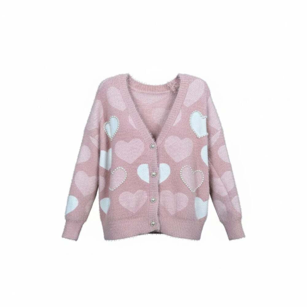 CHICWISH Pinky Heart Pearly Knit Fuzzy Cardigan